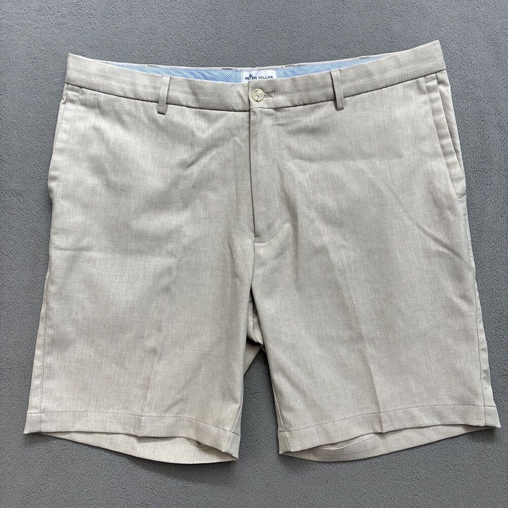 Peter Millar Crown Sport Shorts Men 38 tan Khaki Micro striped Performance chino